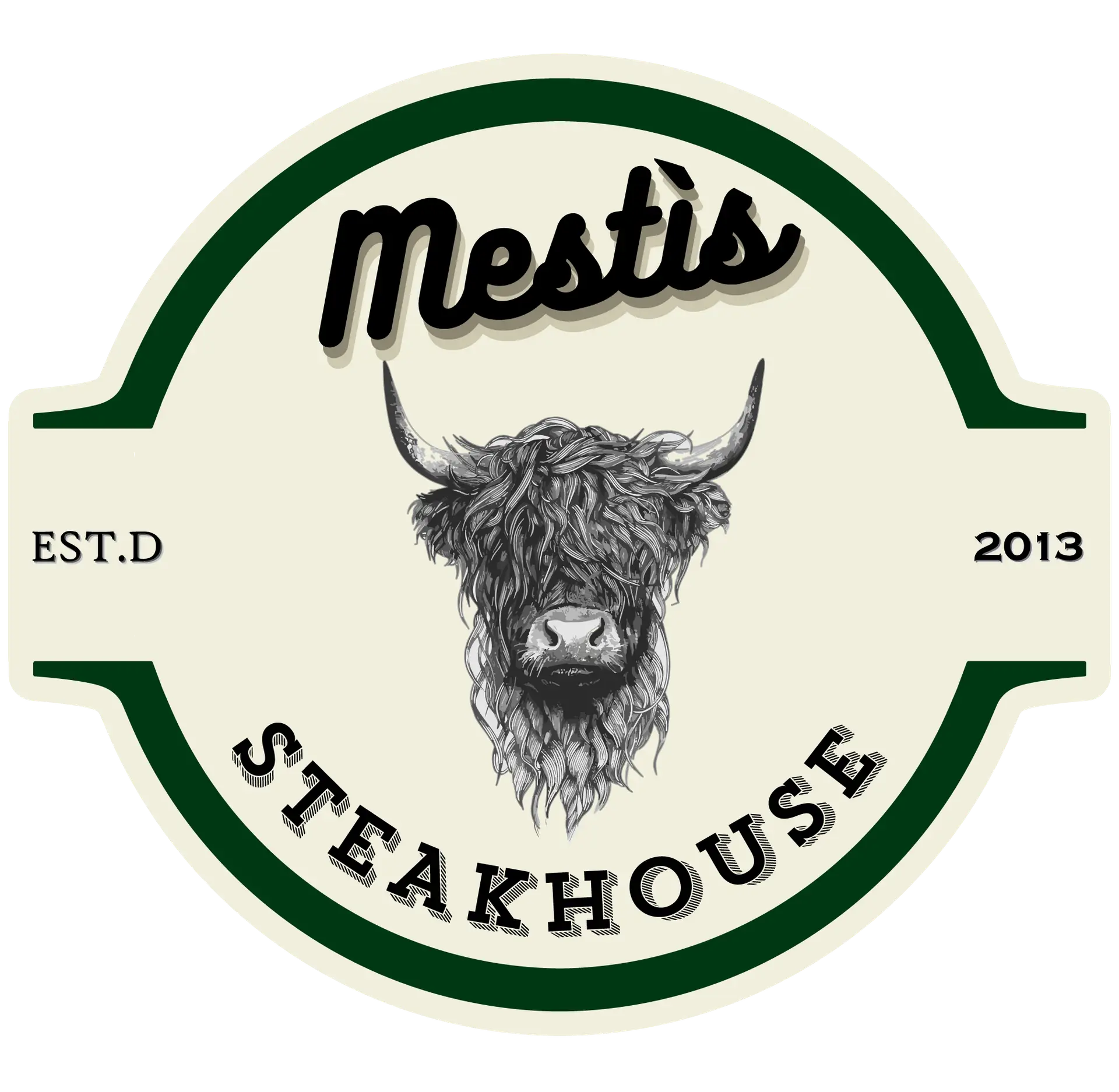 Logo di Mestis Steakhouse Vicenza, ristorante di carni pregiate dal 2013. Design vintage con una mucca Highland e colori verde e avorio.